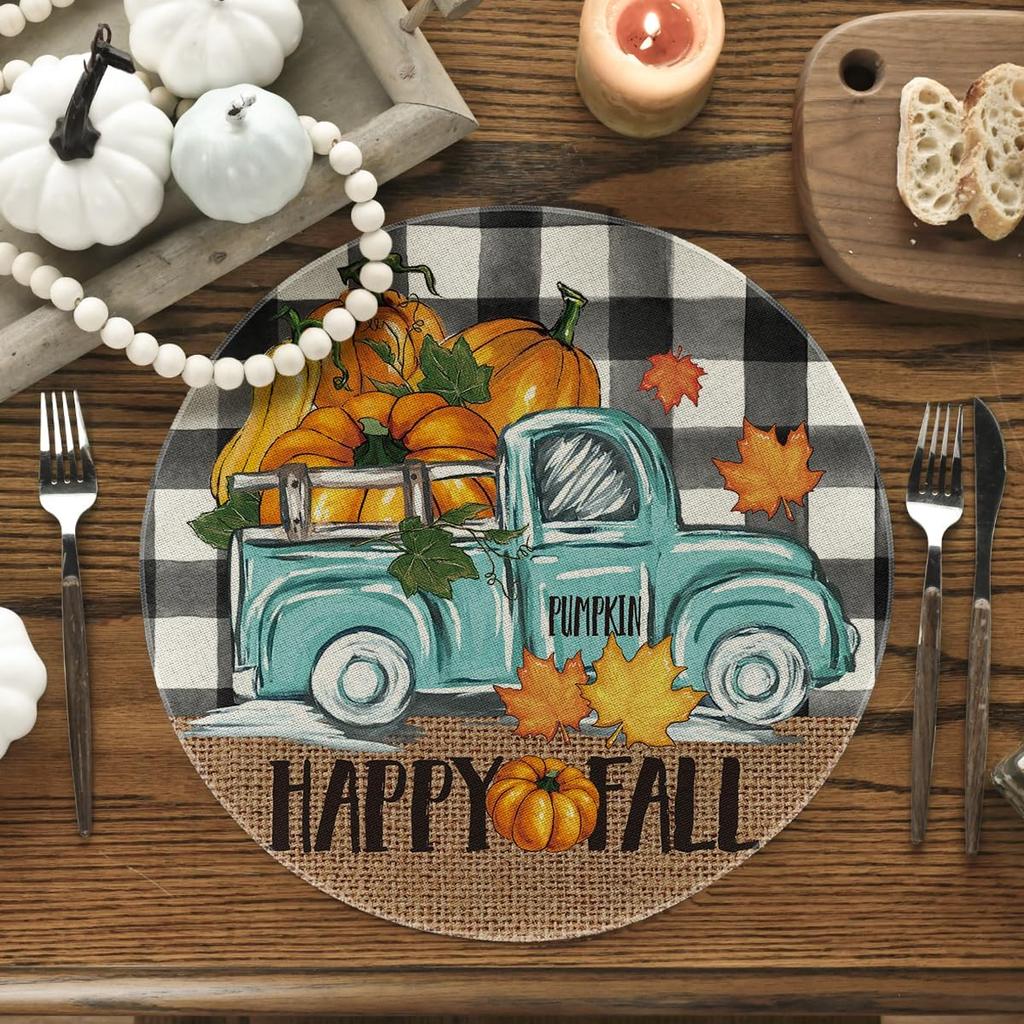 Artoid Mode Buffalo Plaid Truck Pumpkin Round Fall Placemats Set of 4, 14 Inch Seasonal Thanksgiving Round Table Mats for Dining Decoration