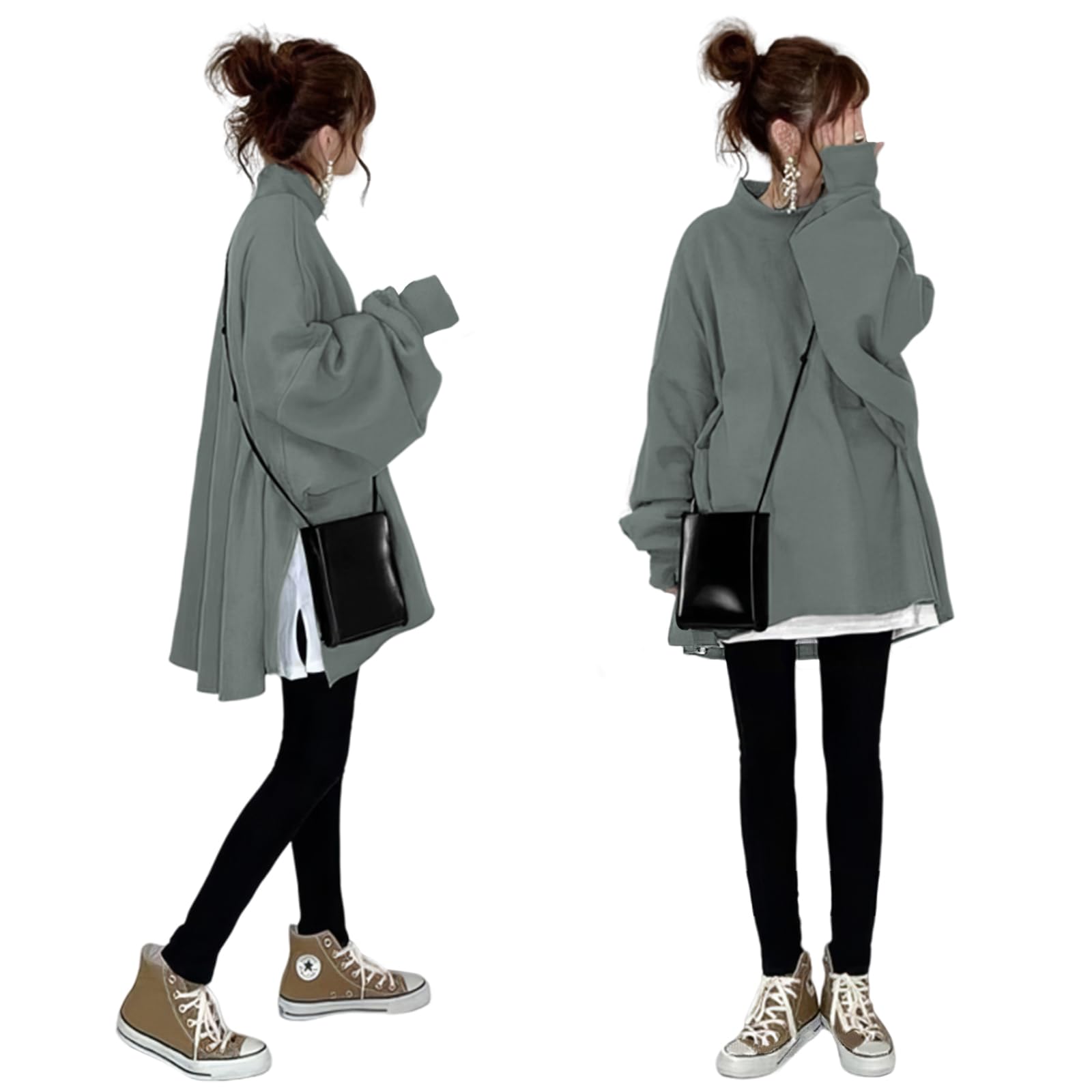 

Guooryvner Long Sleeve High Neck Faux Layered Loose Long Plus Sizes Korean Figure Flattering Women s Sweatshirt, Autumn/Winter, Hoodie, Pullover,