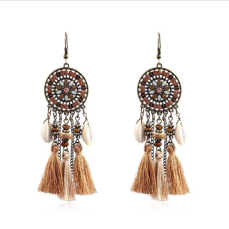 Bohemian Ethnic Style Earrings Women'S Retro Temperament Long Fringed Jewelry Maillard Style Vacation Earrings