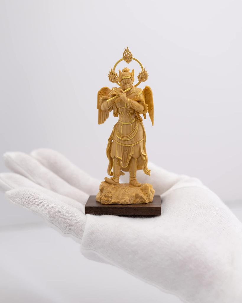 Miniaturní Buddha Karurao 11cm zlatá hliněná dřevěná ozdoba (Dřevěný buxus, povrchová úprava)Socha Buddhy, postava, řezba, (GSB Karurao)