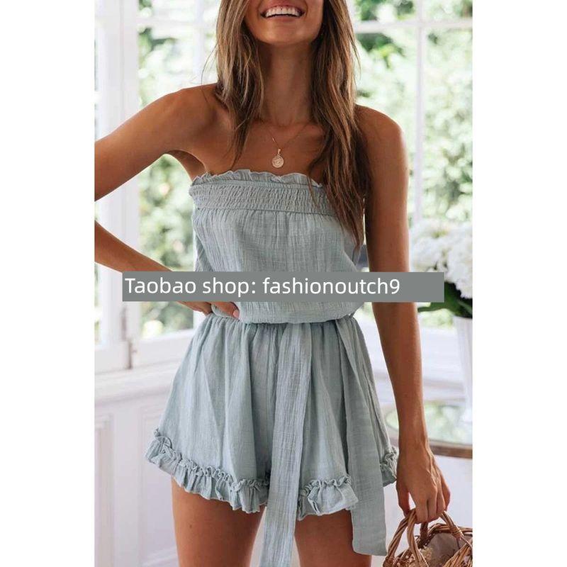 

2025 Комфортный повседневный комбинезон без бретелек с поясом Light blue L