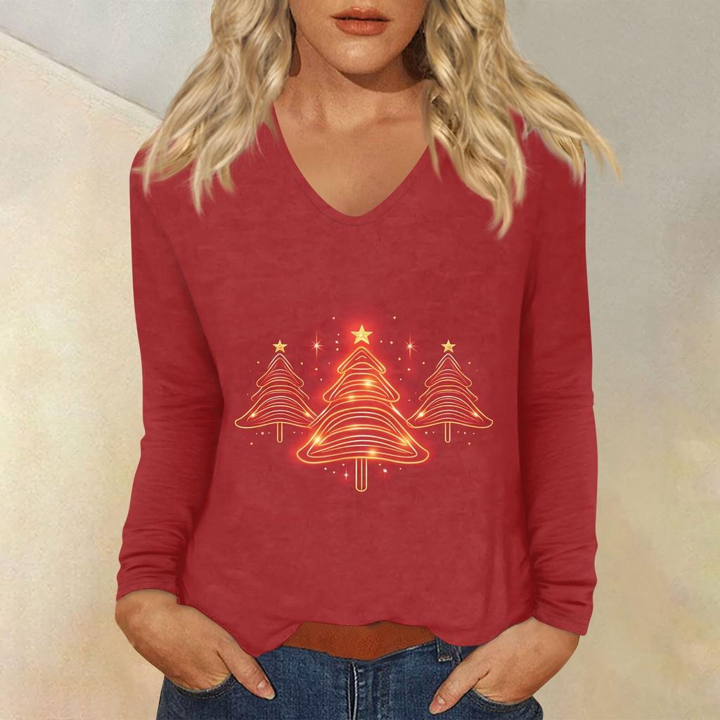 Women's Casual Fashion Christmas Graphic Printed Casual Print Long Sleeve V-Neck Pullover Top Blouse