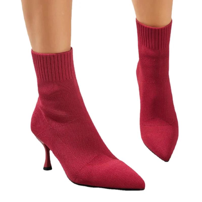 Fashion Women Elastic Sock Boots Autumn Winter Stiletto High Heels Knitted Ankle Boots Woman Slip-On Pointed Toe High-heeled Botas Mujer
