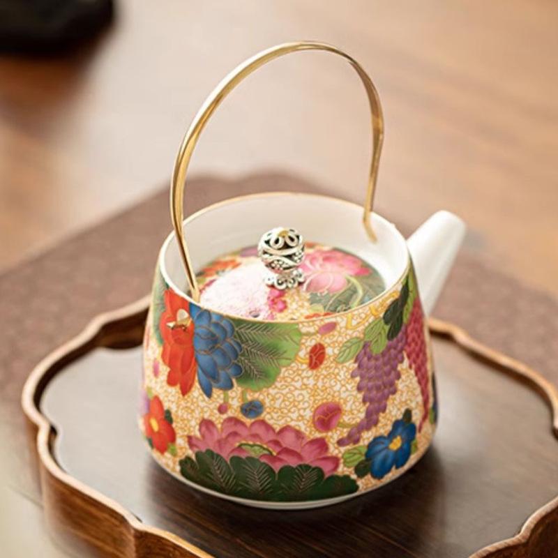 Enamel colored gold silk peony beam pot household kung fu tea set single pot Chinese high-end tea ware brewing teapot