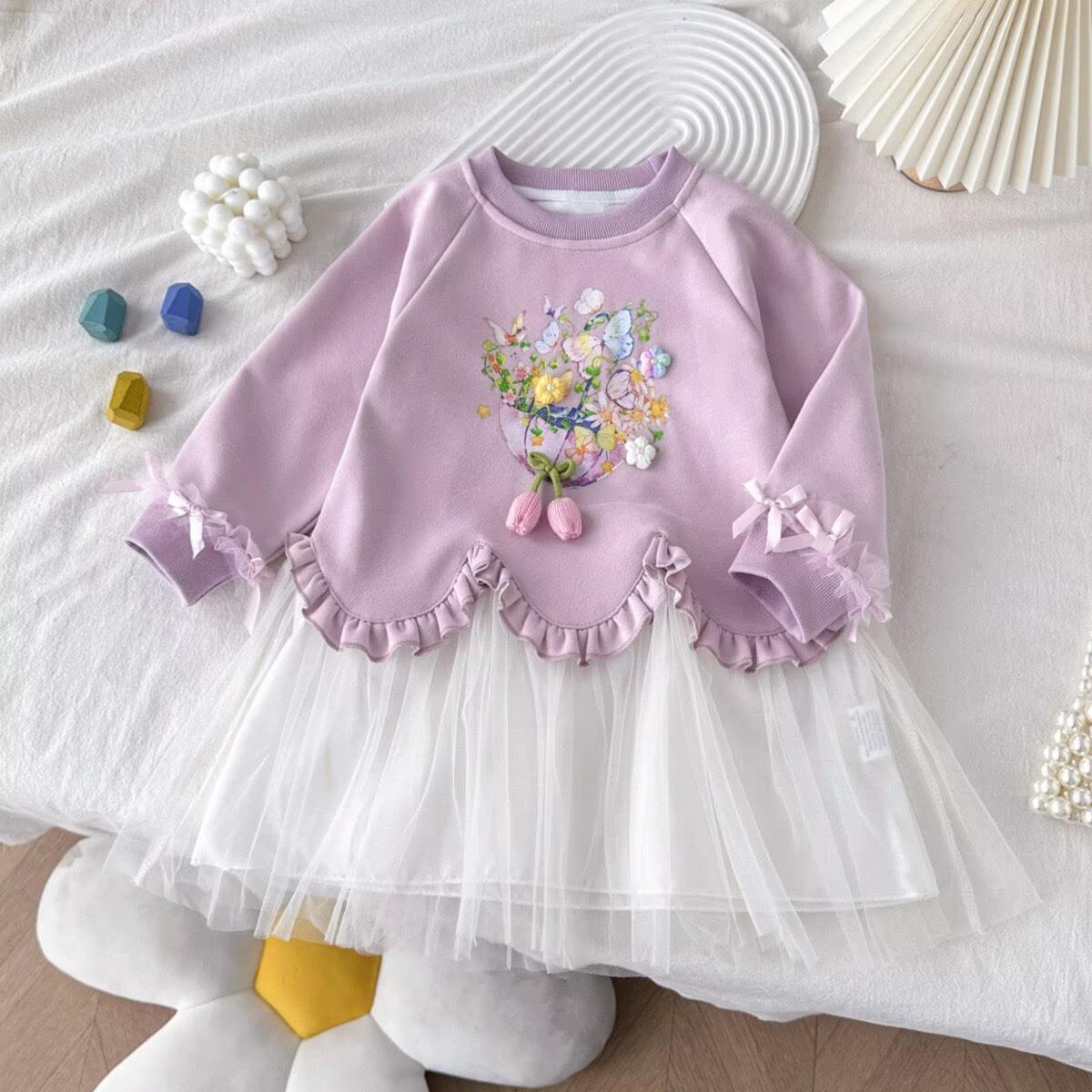 Spring Autumn Girls Fashion Mesh Splice Lace Sweatshirt Dress Princess Dress 90cm