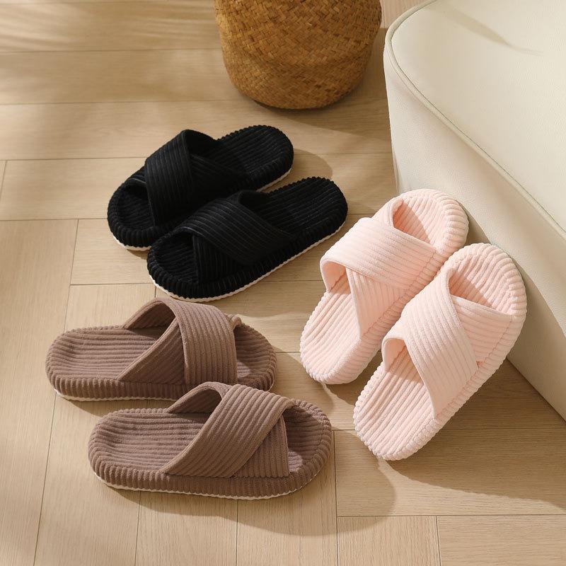 New corduroy thick-soled adhesive cotton slippers household autumn home indoor cross-pelvic sole shoes women