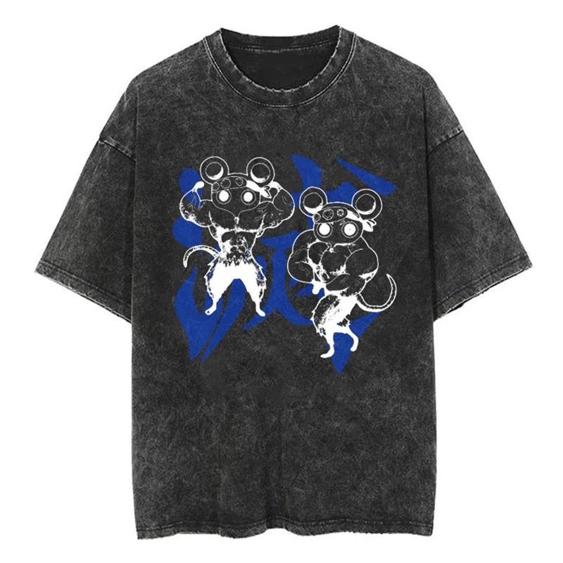 Anime Demon Slayer Rengoku Kyoujurou Printed T Shirt Men Women Manga Tshirts Vintage Washed T-Shirt Harajuku Manga Cotton Tops