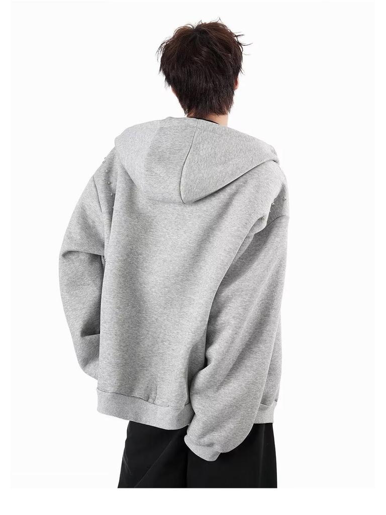 Men's Retro Rivet Hooded Cardigan: Trendy Autumn/Winter Streetwear Zipper Jacket with Plus Velvet