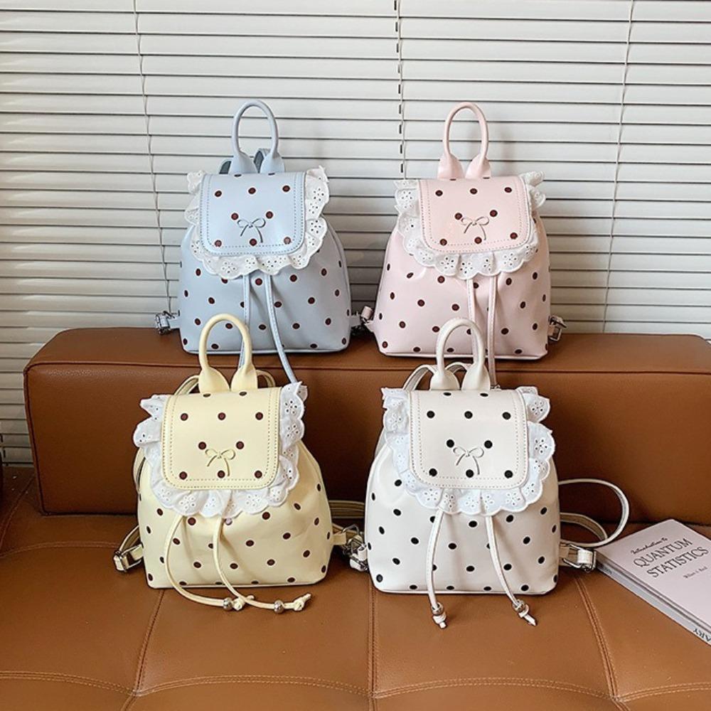 Cute Polka Dot Lace Backpack for Women Fashion Bow Decoration Small PU Leather Shoulder Bag