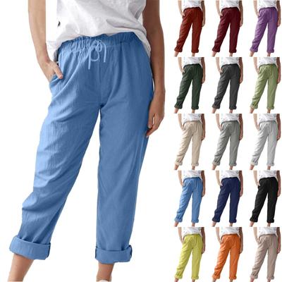 Calças Femininas, Calças Casuais de Cor Sólida com Bolsos, Cintura Elástica, Calças Soltas de Perna Reta