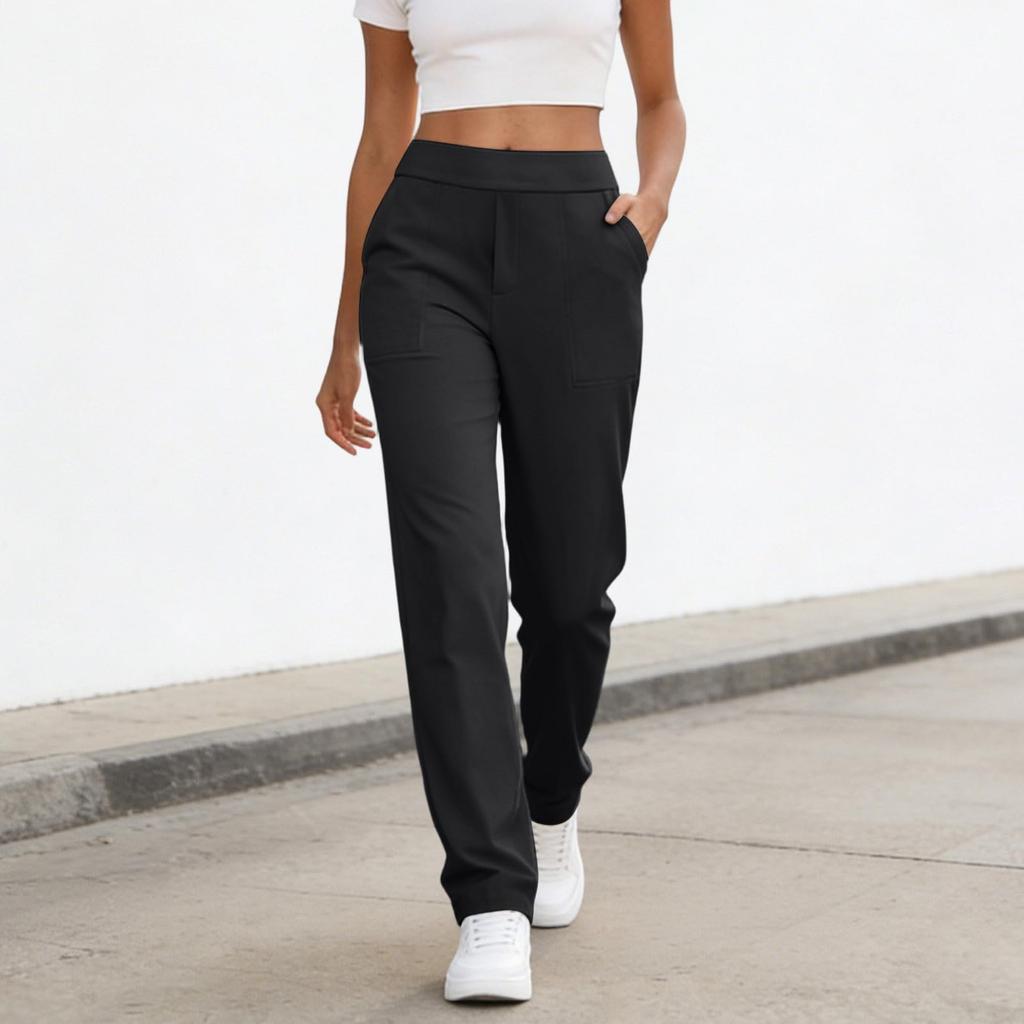 Women's Fashionable Color High Waisted Elastic Straight Leg Casual Pants With Pockets, Yoga And Fitness Pants