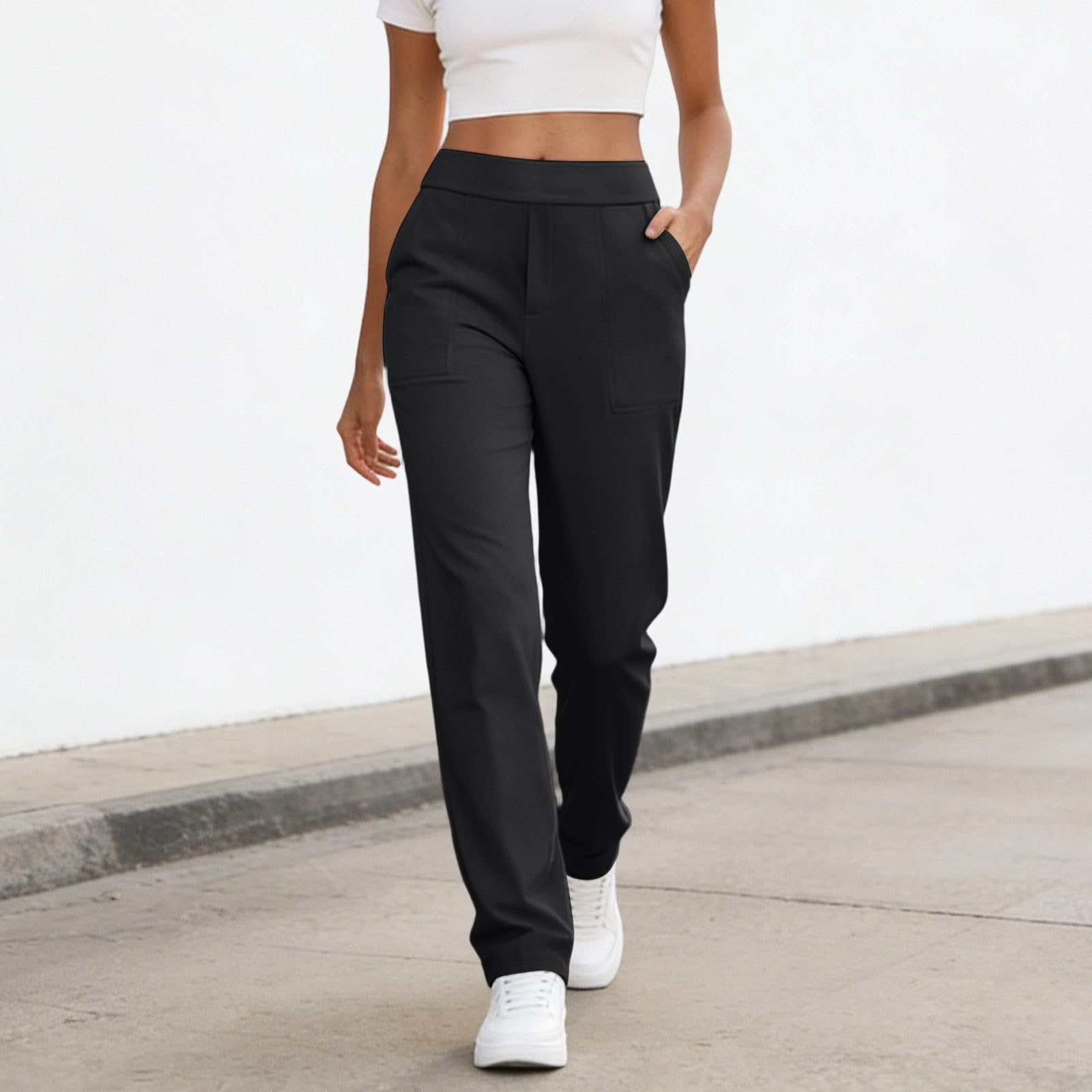 

Women s Fashionable Color High Waisted Elastic Straight Leg Casual Pants With Pockets, Yoga And Fitness Pants M чорний