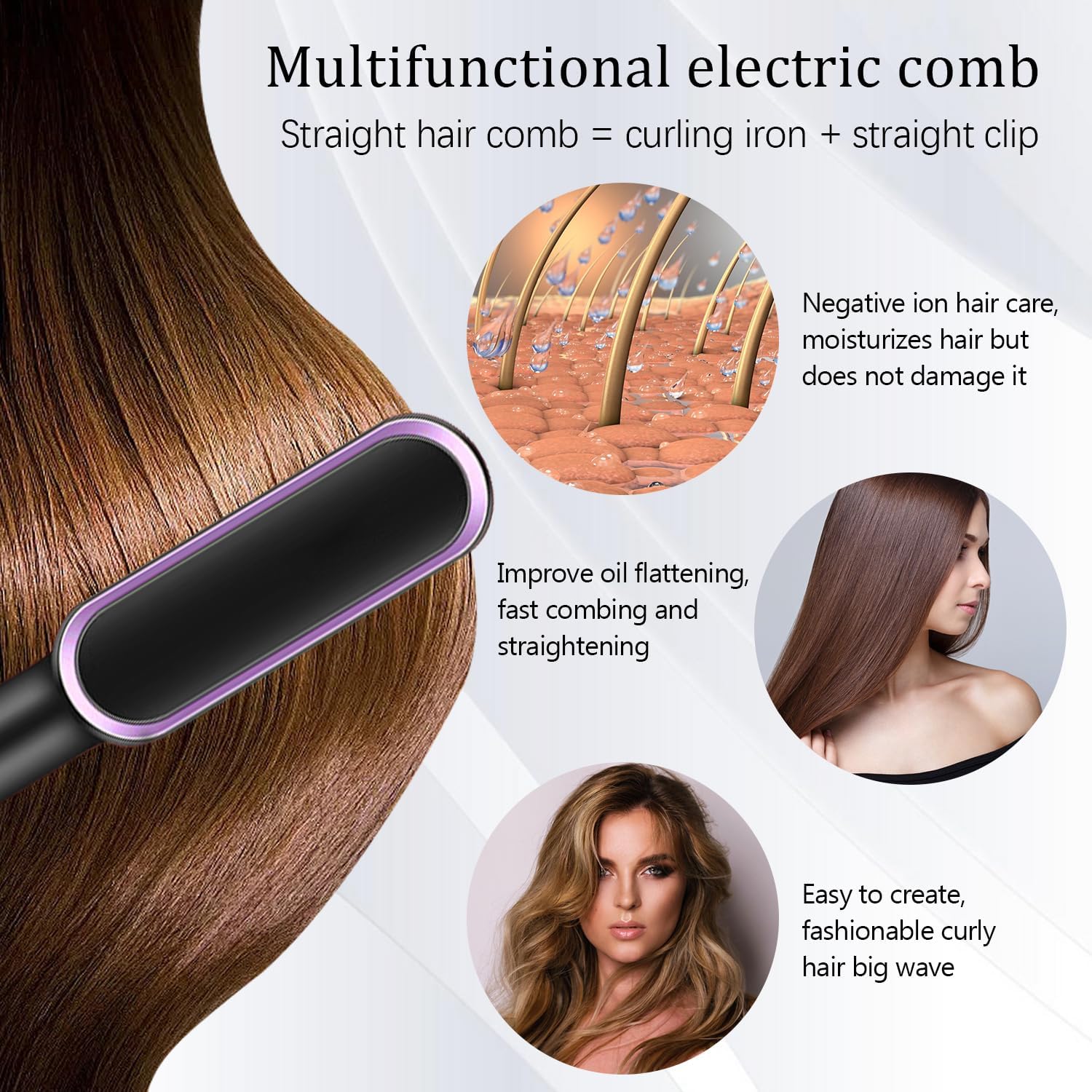 

Hair Straightener and Curler Brush - 2 in 1 Heated Styling Tool with Negative Ion, 5 Temperature Settings, 30s Fast Heating, Anti-Scald, Portable