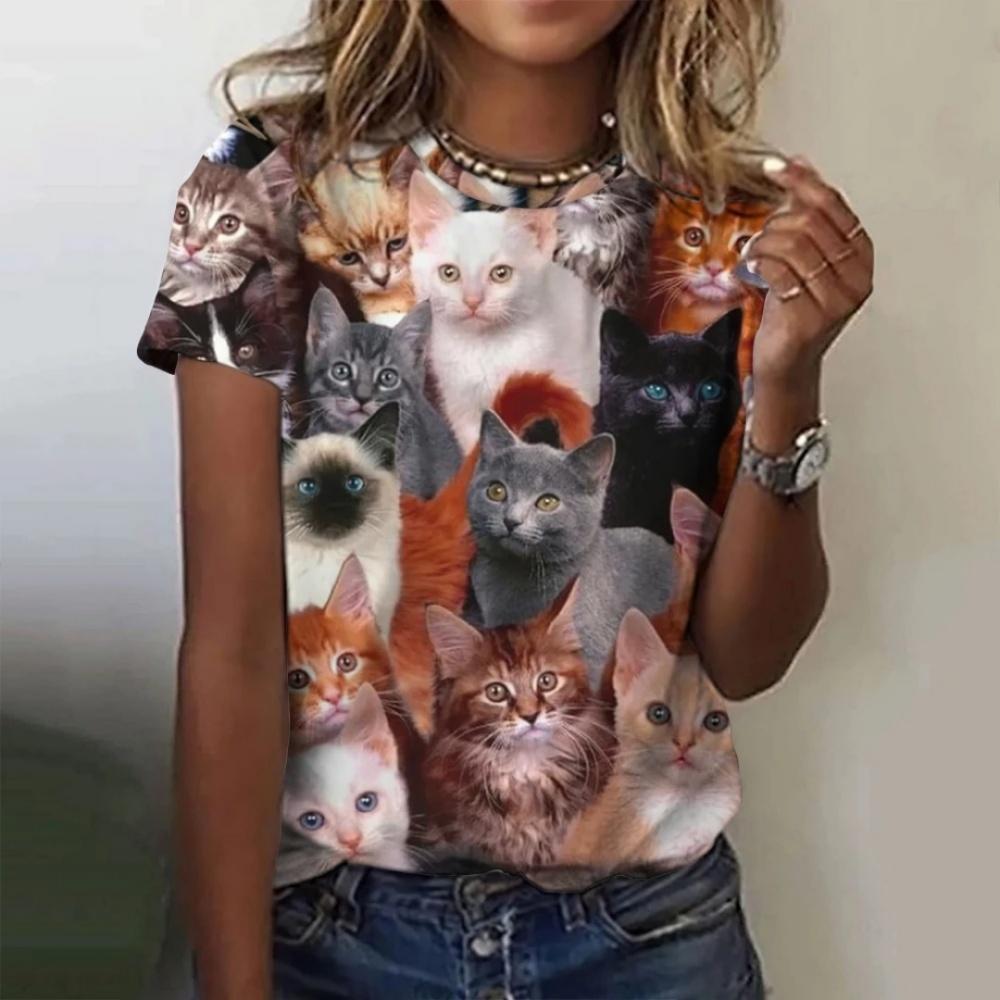 Fashion Women's T-shirt 3D Printed Kawaii Cat Pattern Short Sleeved Round Neck Top Summer Outdoor Casual Street Simple Clothing