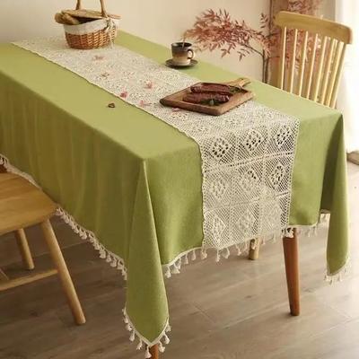 Cotton Linen Lace Patchwork Tablecloth French Hollow Crochet Plaid Tea Table Cloth Tassel Decorative Green Tabletop Cover
