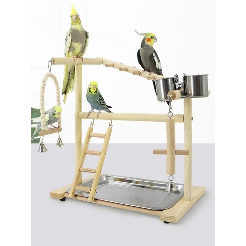 Wooden Bird Playstand Gym - Parrot Cockatiel Playground with Metal Feeder Perch Ladder Plate Interactive Bird Toy for Activity