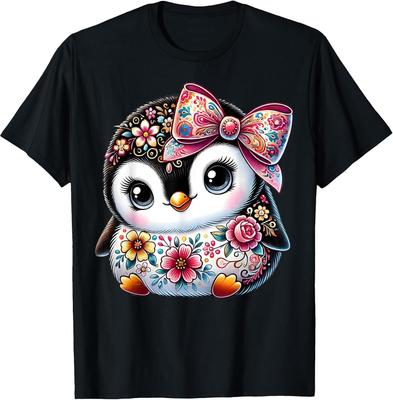 Adorable Floral Penguin Graphic Tee for Girls and Women