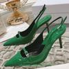 Women Summer Pointed Toe  Pumps Buckle Shallow Stiletto High Heels Back Strap Slip On Sandals Sexy Shiny Leather Shoes