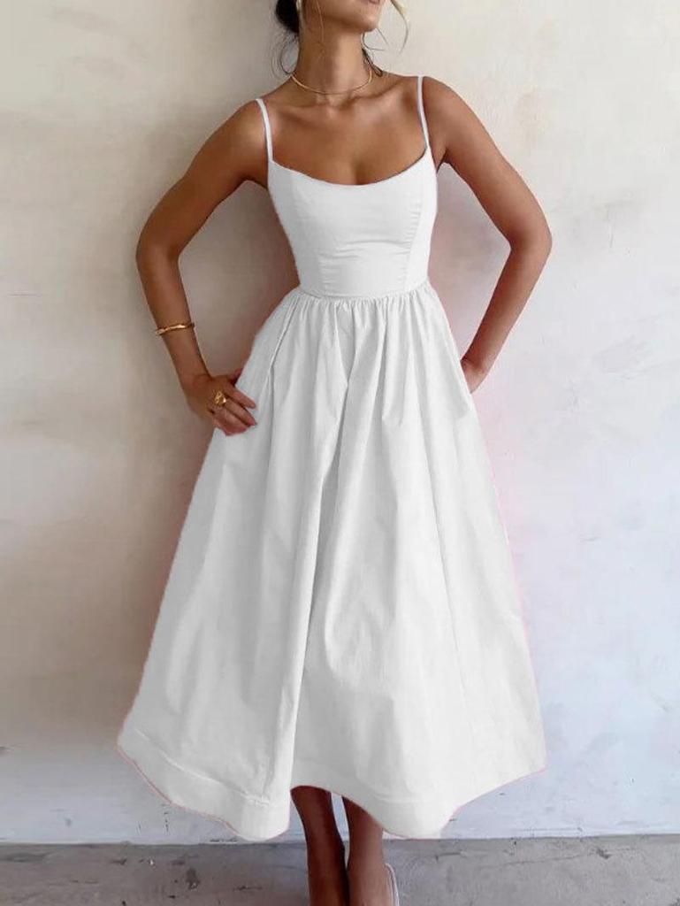 2026 Spring Women's European & American Style Cross-back Sexy Solid Color Spaghetti Strap Maxi Dress