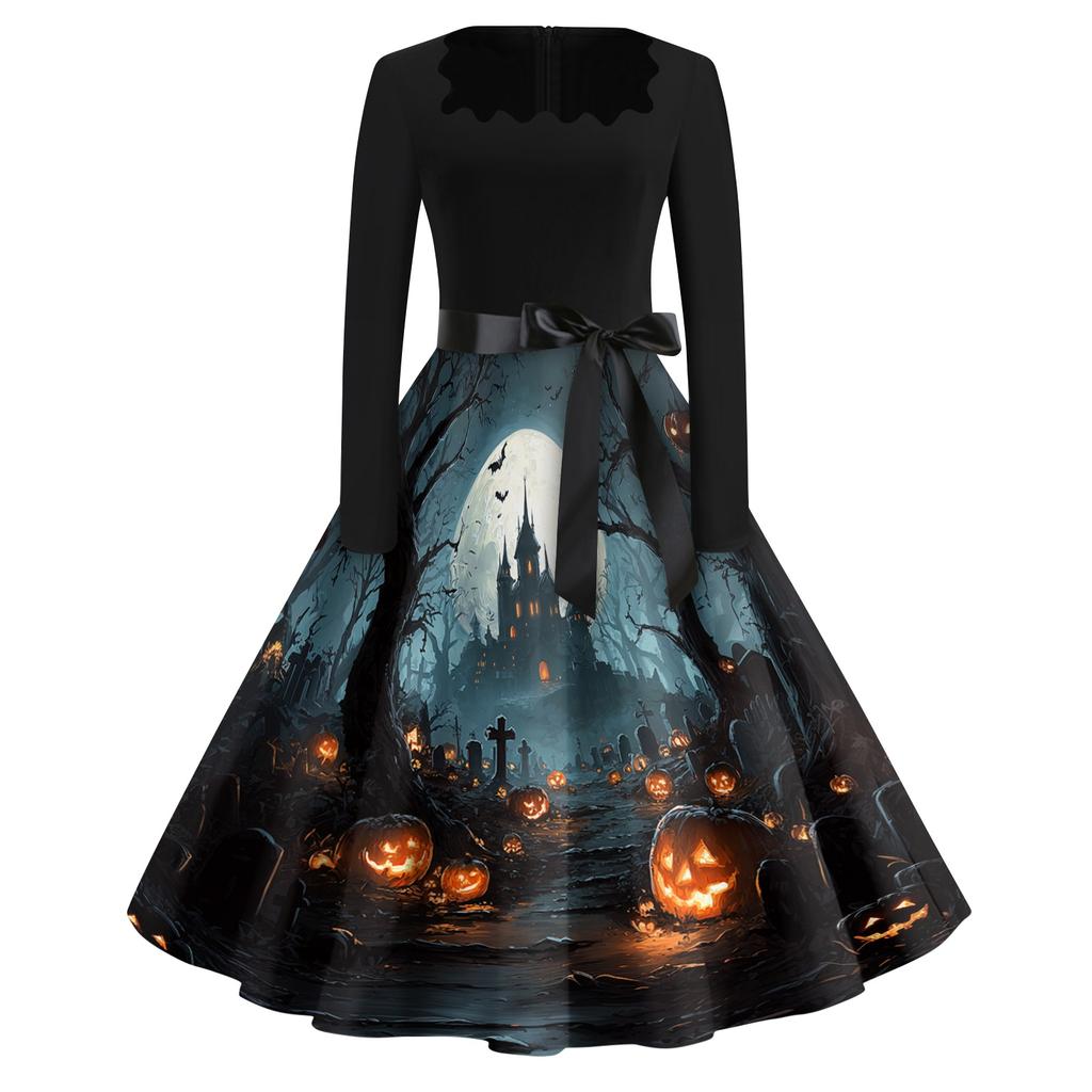 Women's Casual Vintage Halloween Print Dress Square Neck Long Sleeve Retro Style Midi Dress with Waist Tie Belt for Daily Wear