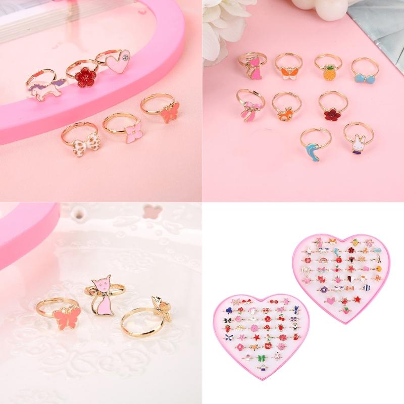 36pcs Adjustable Kids Rings Set Colorful Alloy Rings Fashionable Jewelry for Girls Dress Up Parties and Imaginative Play