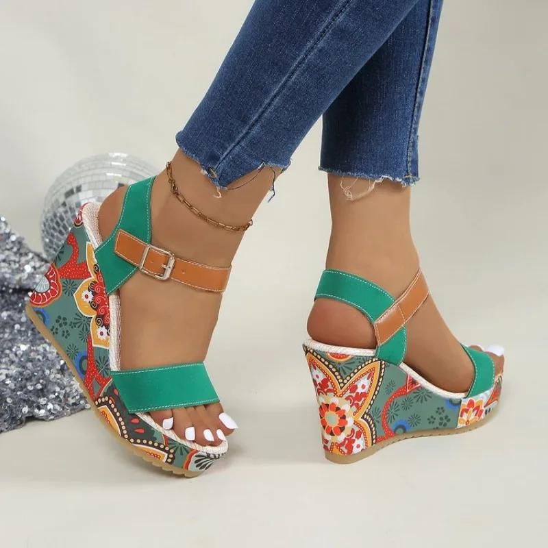 Klínové sandály Dámské Boty na vysokém podpatku Potisk Náhodné Platformové pantofle Nové Letní Módní Lodičky Chůze Šaty