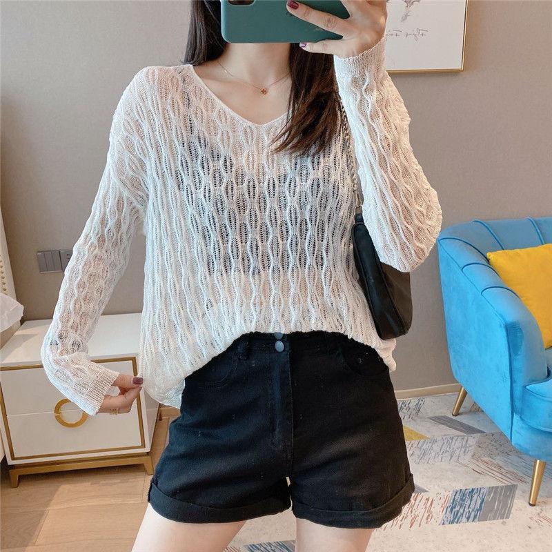 Summer Sexy Perspective Hollow Knitted Sweater Women's Thin Pure Desire Versatile Outer Wear V-neck Long-sleeved Top Blouse Loose