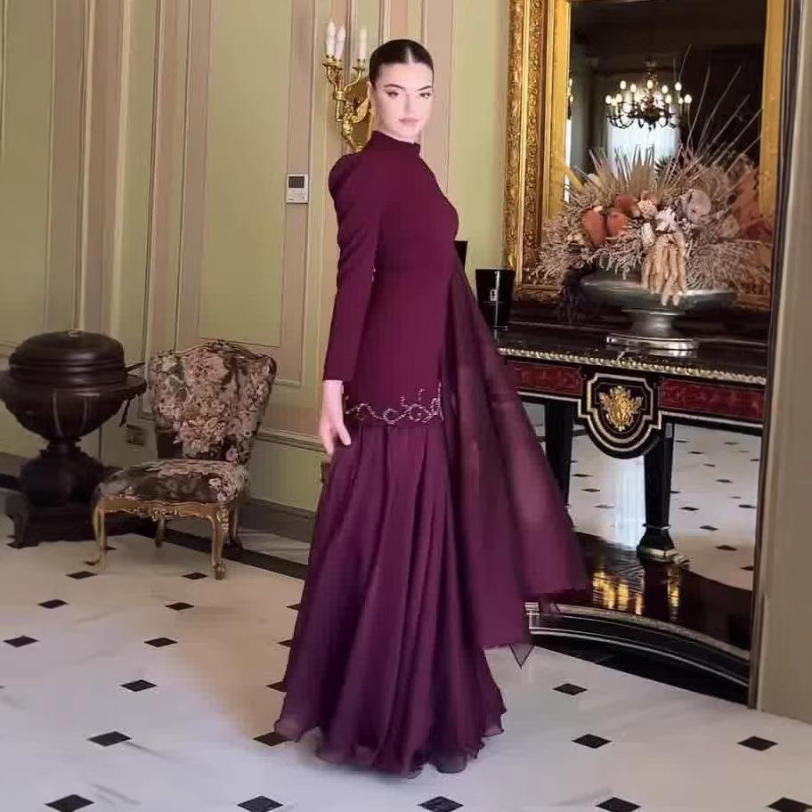 Bayan Çiçek Baskılı Uzun Kollu Maksi Elbise Pileli Resmi Parti Elbisesi