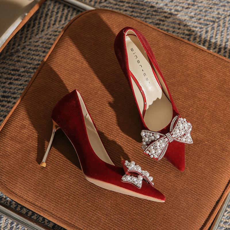 

817-9 High heels women s 2025 new Xiuhe wedding shoes pointed rhinestone pearl bow stiletto shoes 39