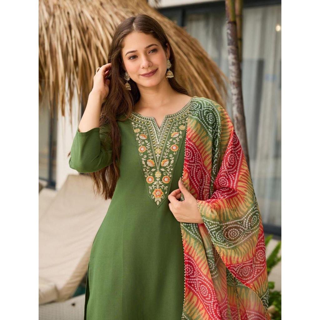Women's Rayon Embroidered Straight Kurta with Pant And Dupatta Sets