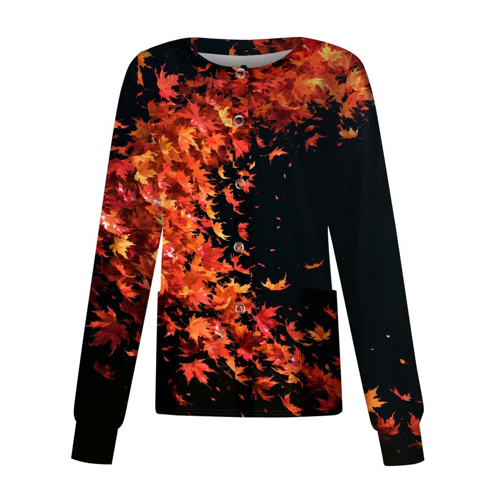 Women's Casual Long Sleeve Cardigan Top with Leaf Floral Print for Caregiver Uniform