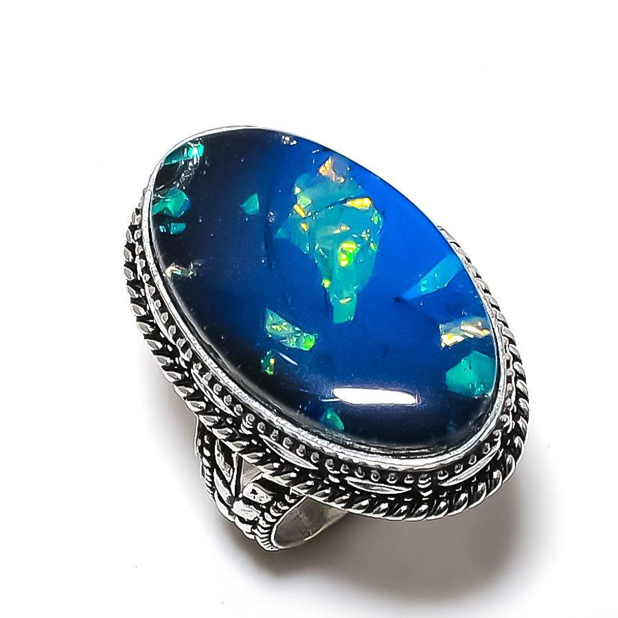 Natural Blue Triplet Opal Gemstone 925 Sterling Silver Ring Size 8.5 u0P87