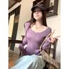 Spring new pit strip thin button half open neck pure desire long sleeve Spice girl base with knitted top women