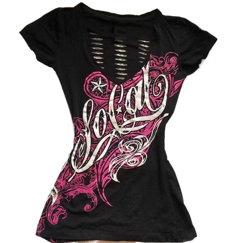 TrendHub Summer American Vintage Hollow-out Design Clothing Ladies Y2K Punk Tee Slim Short Sleeve T-shirts Gothic Harajuku Chic Print Top