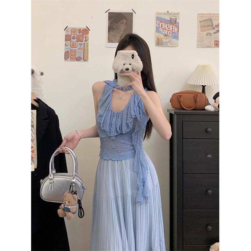 [Original practice] Summer French elegant romantic super fairy pleated high-waisted skirt long swing skirt