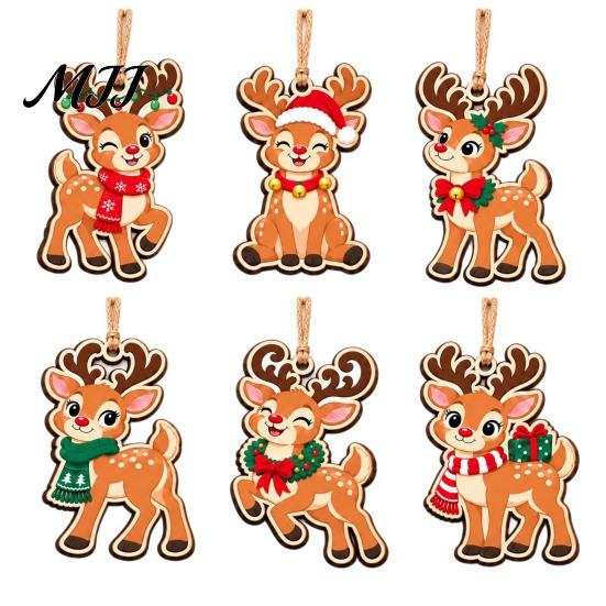 Holiday Hanging Decorations 6Pcs Wooden Reindeer Christmas Ornament, Cute Deer Decor Charms with Jute String, Tree Pendant for Home Shop Natural Wood