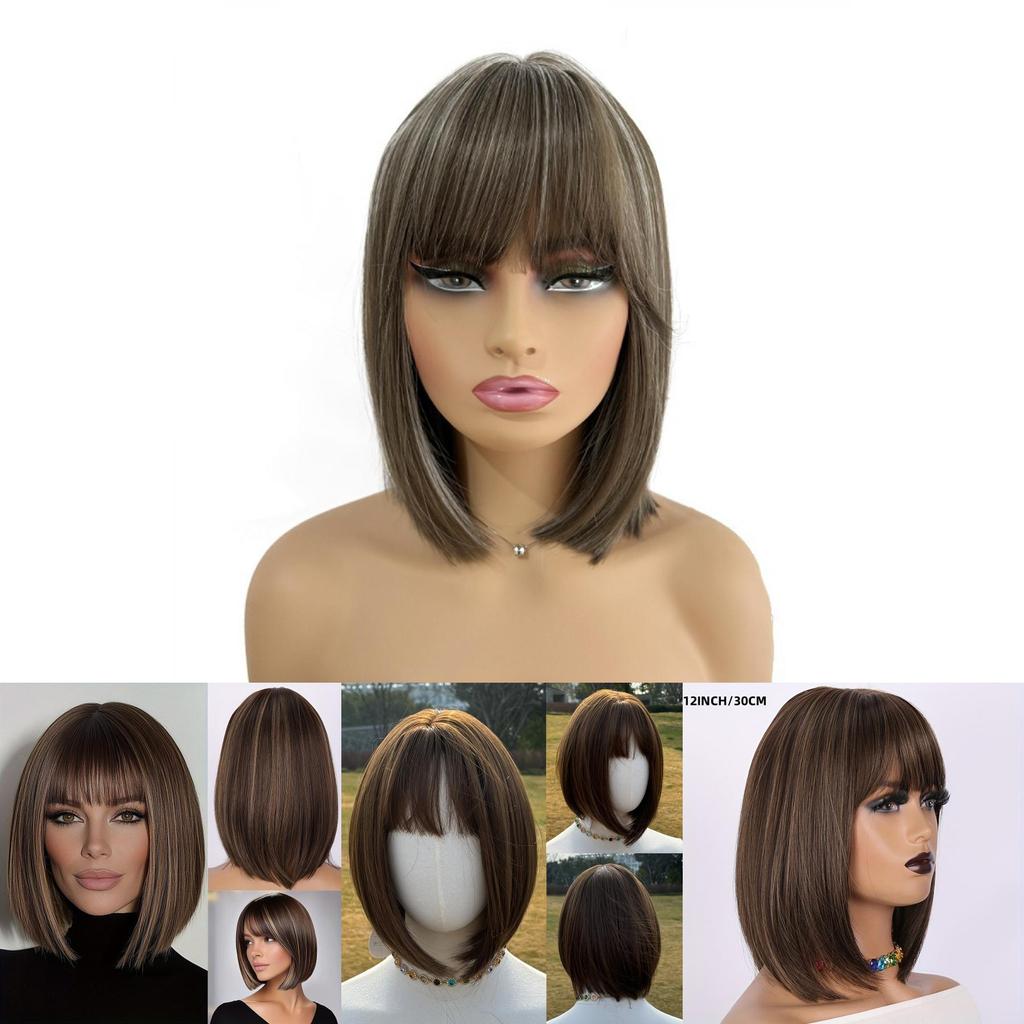 Short Straight Hair Wig With Bangs For Women Hightemperature Silk For Fashionable Ladies