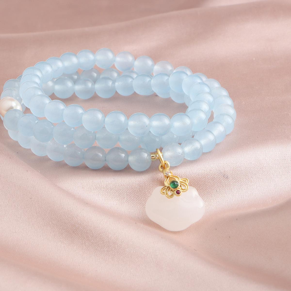 New Chinese aquamarine pearl auspicious cloud three circle bracelet aquamarine pearl fox three circle bracelet fashionable and simple