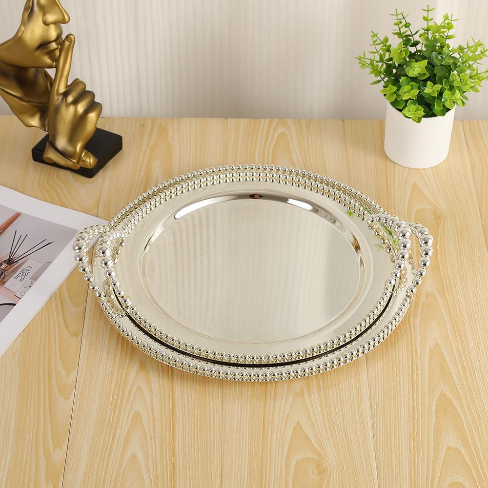 European Style Rotundity Silvery Tray Handheld Decorative Fruit Platter Fruit Tray Storage Rack Snack Plate Dining Decoration