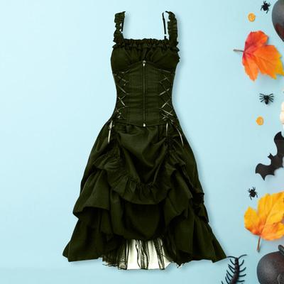 Women Cosplay Dress Gothic Style Witch Layered Ruffle Hem Mesh Halloween Party Costume Lace-up Strap Collarless Zipper Sleeveless A-line Performance