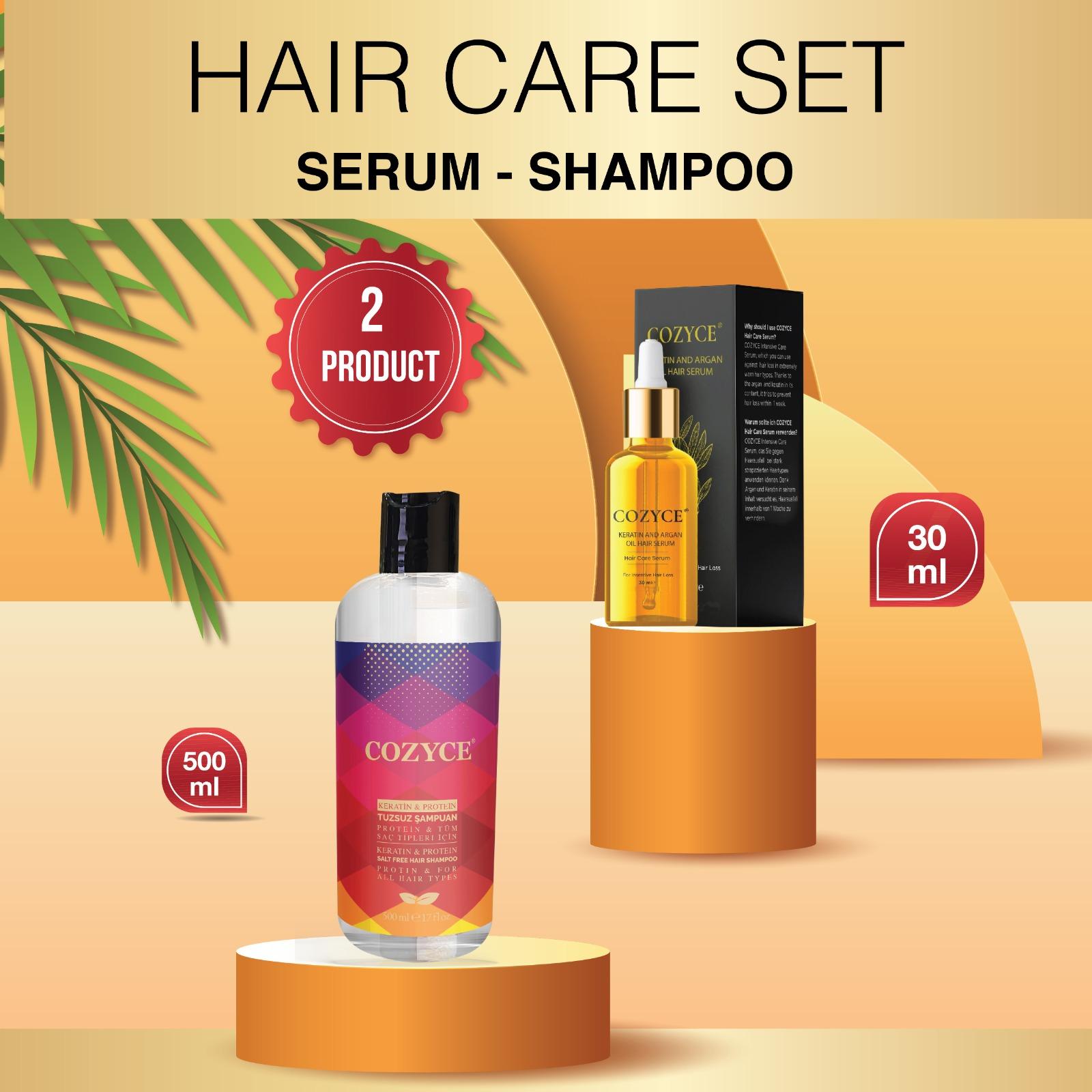 

Keratin & Protein Salt-Free Shampoo 500 ml + Intensive Anti-Hair Loss Hair Serum 30 Ml & Cozyce