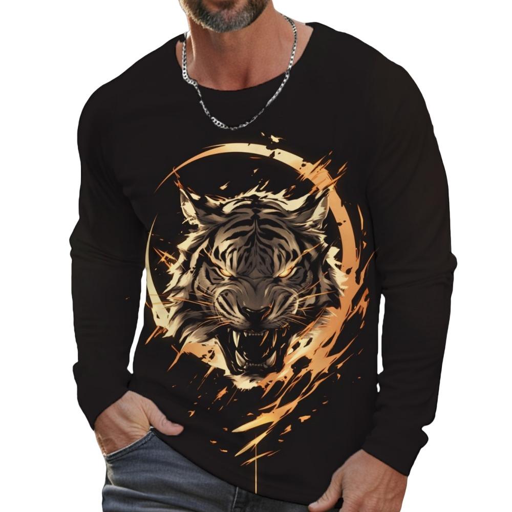 Tiger Graphic T Shirt Long Sleeve T-Shirt for Men Clothing Casual Tee Shirts Fashion 3D Animal Print Tops Vintage Men's Clothing
