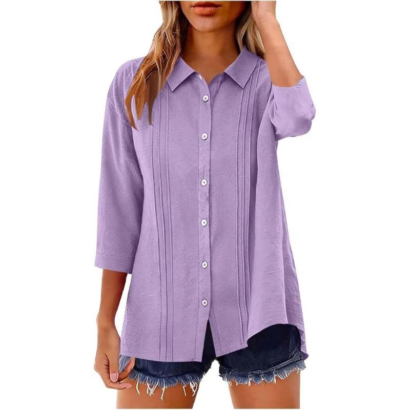 Summer New Women's Casual Tops Three-quarter Sleeve Solid Color Lapel Cotton and Linen Loose Shirt