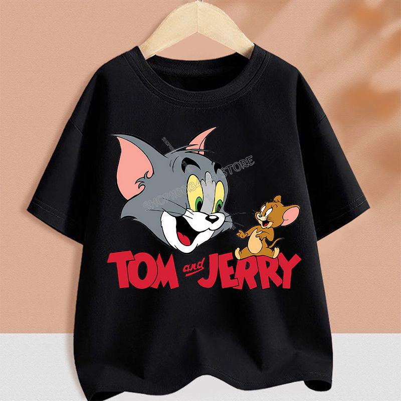 T-shirt for Children Cartoon Partern Tee Top Round Collar Clothing Black White