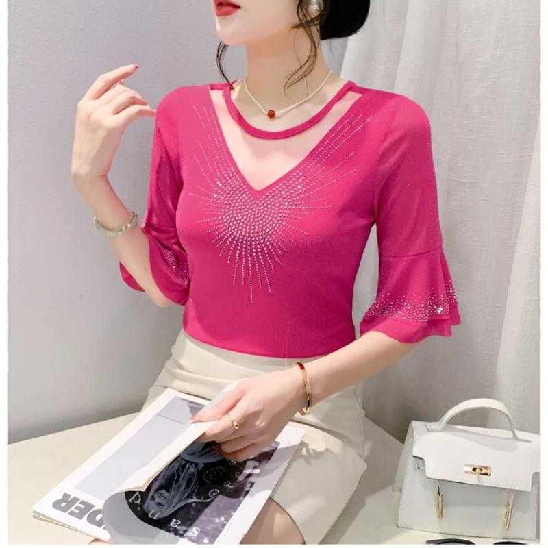 Summer New Women's Flare Sleeve T-shirt O-Neck Luxury Diamonds Tops High Quality Girl Shiny Mesh Tees