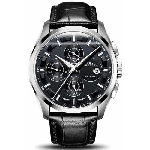 

MASTOP Мужские автоматические часы швейцарских брендов, нержавеющая сталь с коричневым ремешком из натуральной кожи, серебристо-черные, хронограф, механические