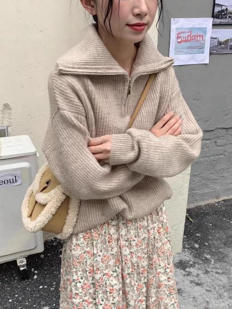 Autumn Loose Solid Color Half-Zip Knit Sweater with Turn-Down Collar for Women