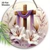 2D Flat, 1pc Easter Sign White Lily Flowers and Cross Wooden Ornaments 7.87x7.87inch Round Wall Art Decor Plaque Easter Decoration Perfect for Front