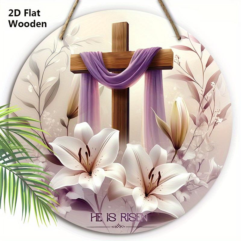 2D Flat, 1pc Easter Sign White Lily Flowers and Cross Wooden Ornaments 7.87x7.87inch Round Wall Art Decor Plaque Easter Decoration Perfect for Front