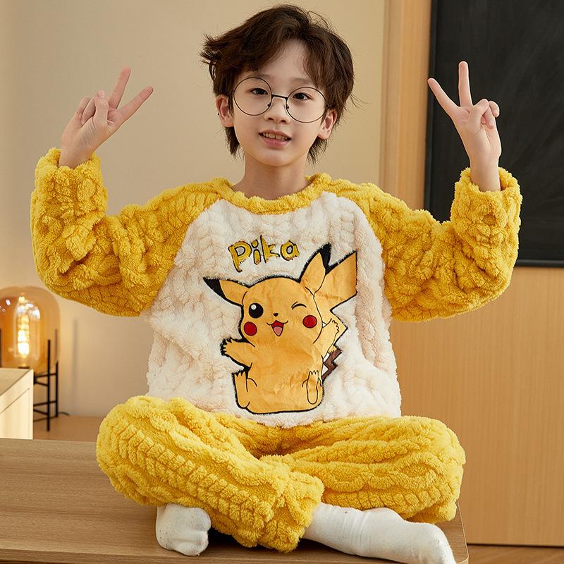 Kids Flannel Pajamas Set Boys Girls Warm Long Sleeve Top And Pants Sleepwear Winter Home Nightwear